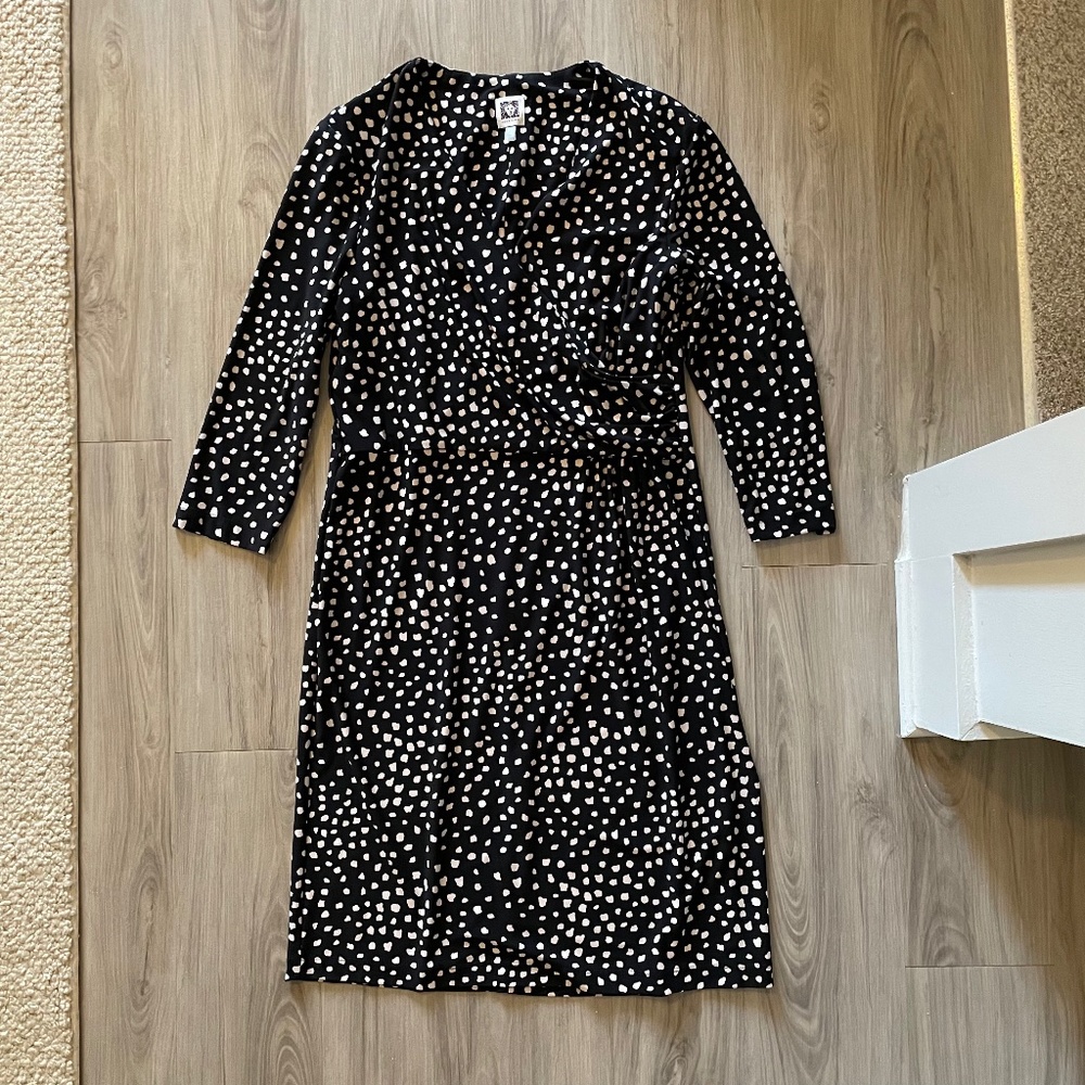 Anne Klein poly black / white polka dot faux wrap dress size 12